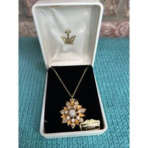 necklace starburst gold tone pendant clear stones vintage 1950s